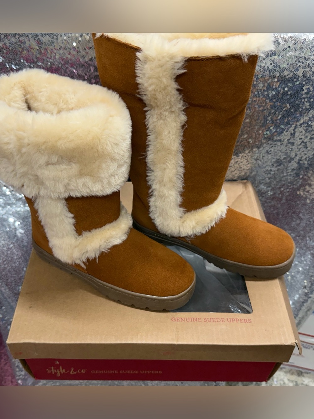 Style & Co. Chestnut Suede Faux Fur Trim Winter Boots